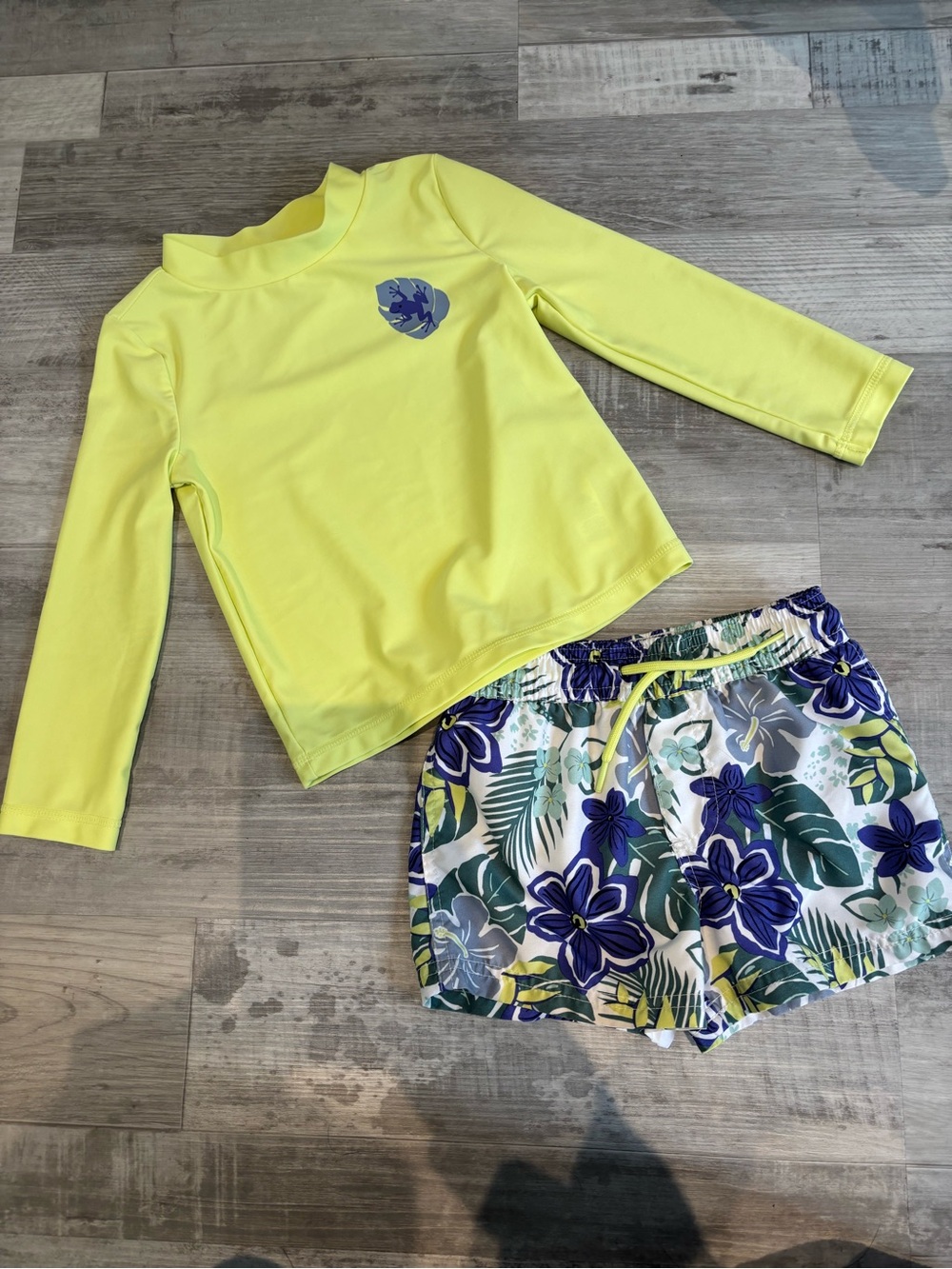 Carter's Neon Green Long-Sleeve Rash Guard with Floral Swim Shorts
